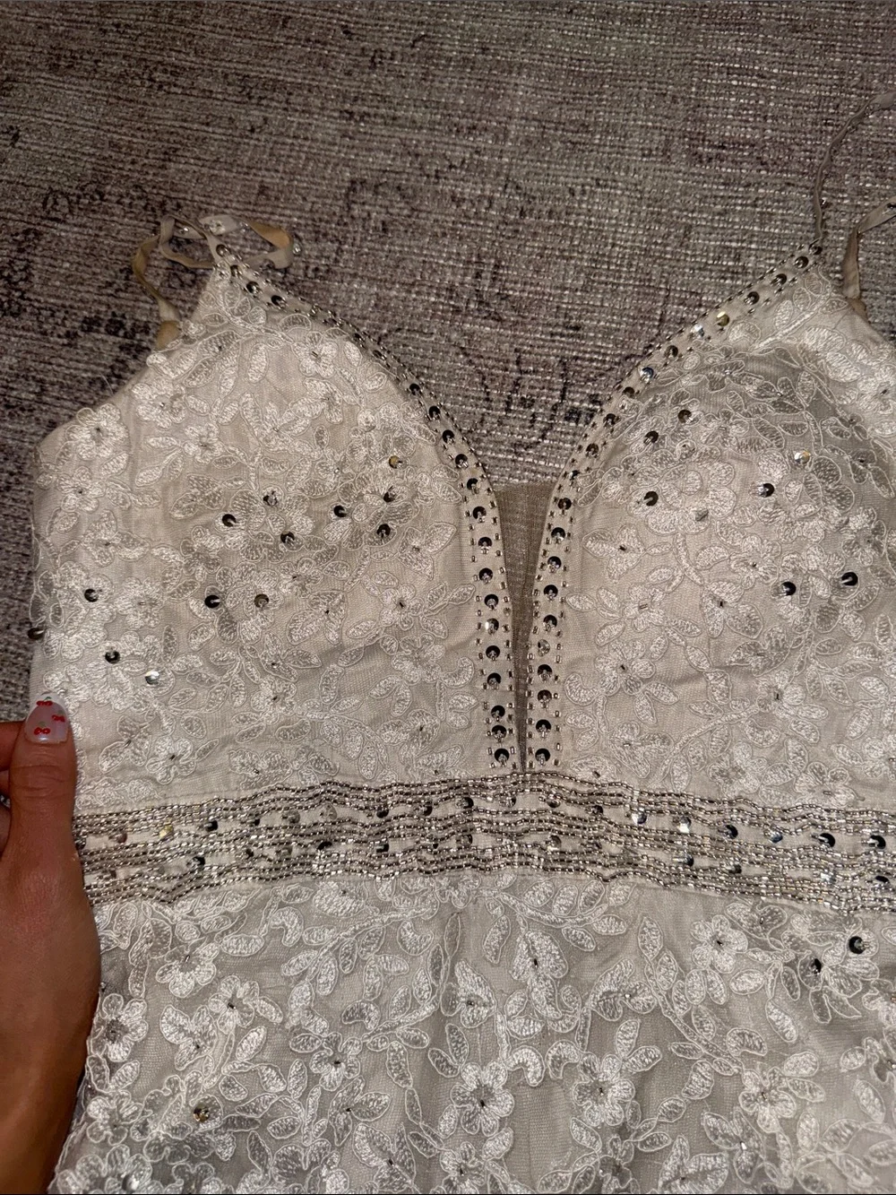 Custom Ivory Embellished Lace & Feather Mini Dress - Picture 5 of 11
